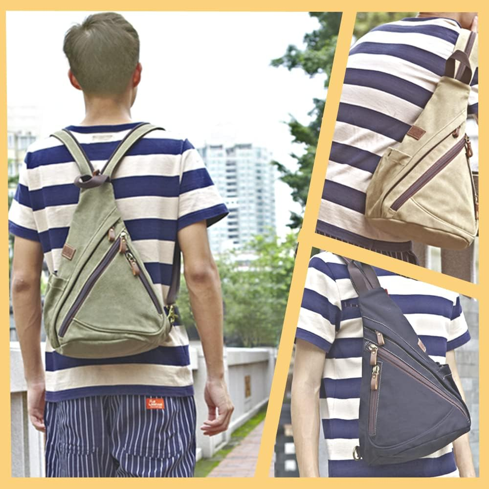 Canvas Sling Bag Convertible Crossbody Bag Chest Bag Shoulder Backpack Casual Daypack for Men Women Outdoor Cycling Hiking Travel (Army Green) image number 3