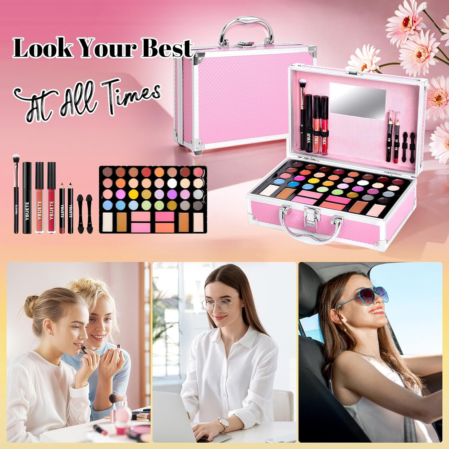 Beginner Makeup Kit for Teen,Makeup Set for Girl Women,Beginner Makeup Kit with Cosmetic Train Case Included 32 Colors Eyeshadow Blush Contour Lip Gloss Lip Liner Mascara Eyeliner Mirror image number 5