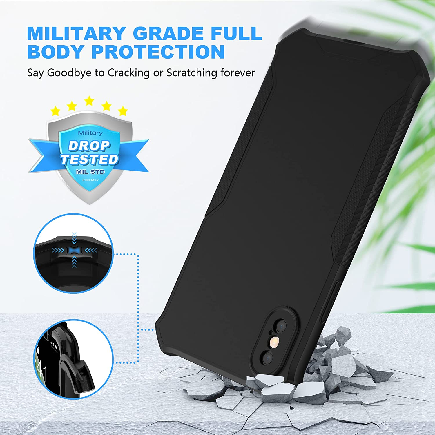 Oretech Designed for Iphone X/Iphone Xs Case with [2 X Tempered Glass Screen Protector] [Full Camera Lens Protection] Square Edge Shockproof Anti-Slip Phone Case Cover for Iphone X/XS Case-5.8" Black image number 6