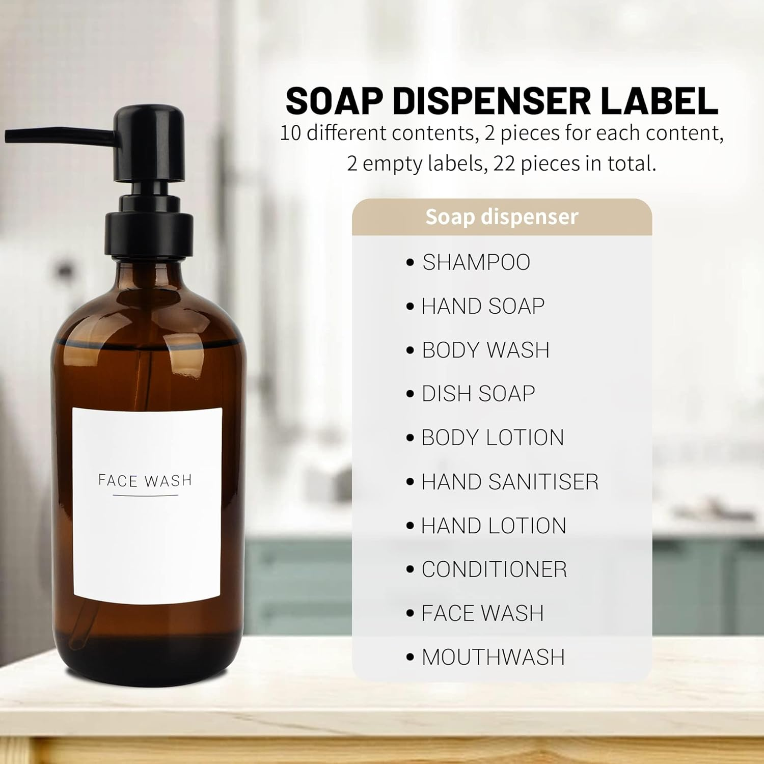 Set of 3 Amber Glass 16.9Oz Soap Dispensers with 22 White Labels Bathroom Liquid Bottle Container with Black Pump image number 3