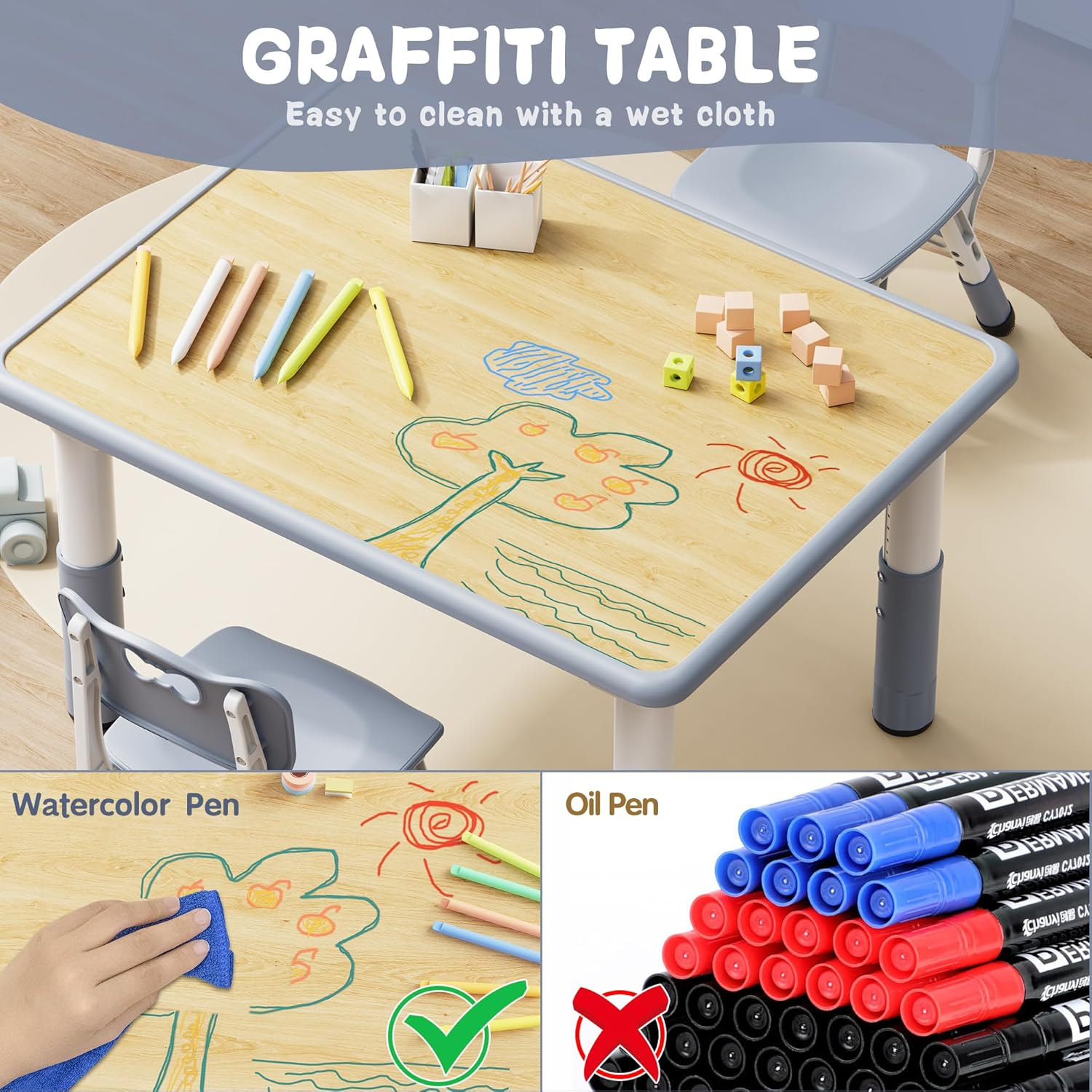 Brelley Kids Table and 2 Chairs Set, Height Adjustable Toddler Table and Chair Set, Graffiti Desktop, Classroom/Daycare/Home, Children Multi-Activity Table for Ages 2-8 image number 2