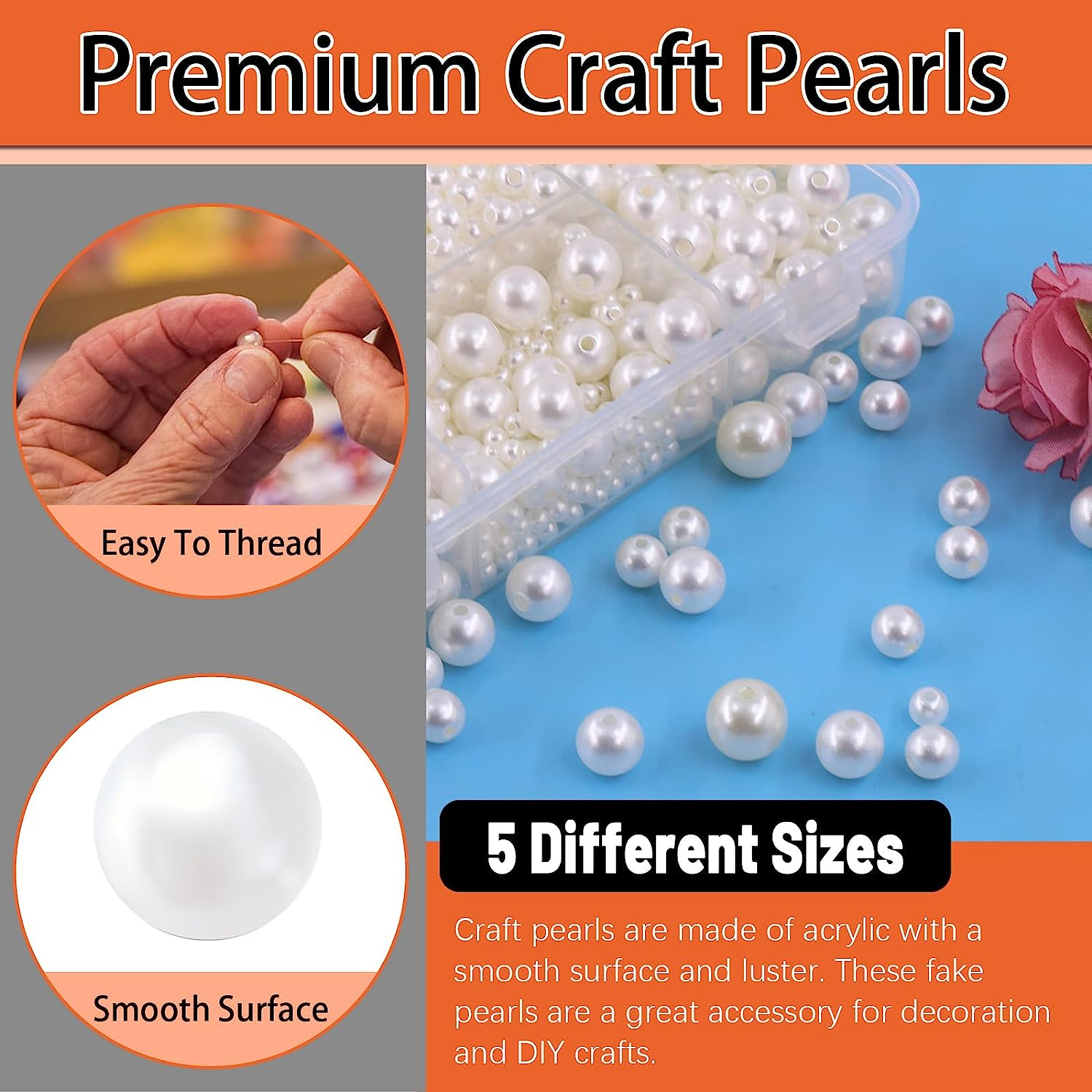 Tanstic 803Pcs White Pearl Beads Kit, 4Mm 6Mm 8Mm 10Mm 12Mm Ivory Pearl Craft Beads with Hole, round Loose Pearls with Tweezer, Crystal String and Scissor for Jewelry Making DIY Crafts image number 1