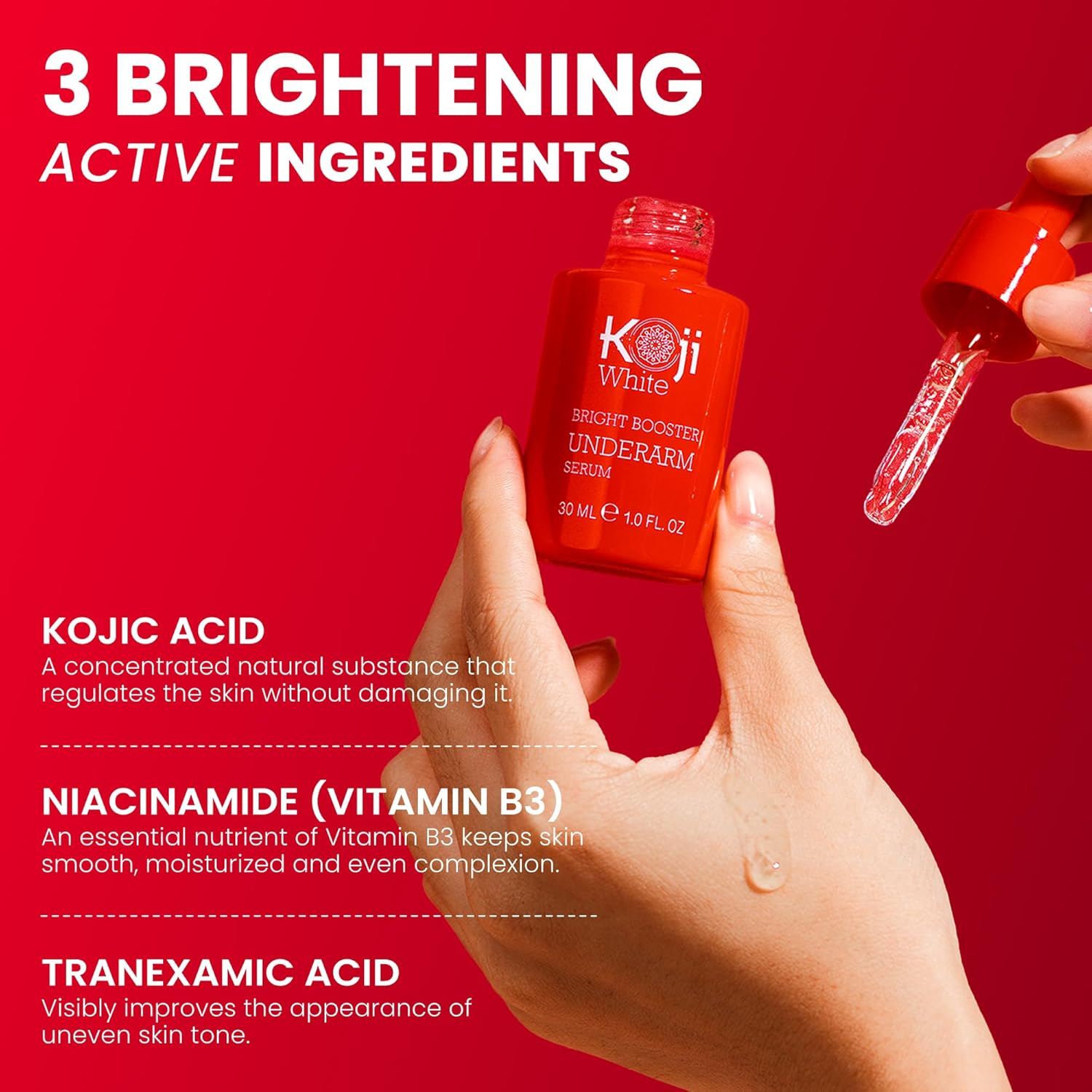 Koji White Underarm Brightening Serum for Armpit, Elbows, Knees, Private Areas - Bright Booster, Dark Spots, Hydrating with Kojic Acid, Niacinamide, Tranexamic Acid, Paraben-Free, Vegan, 1 Fl Oz image number 5