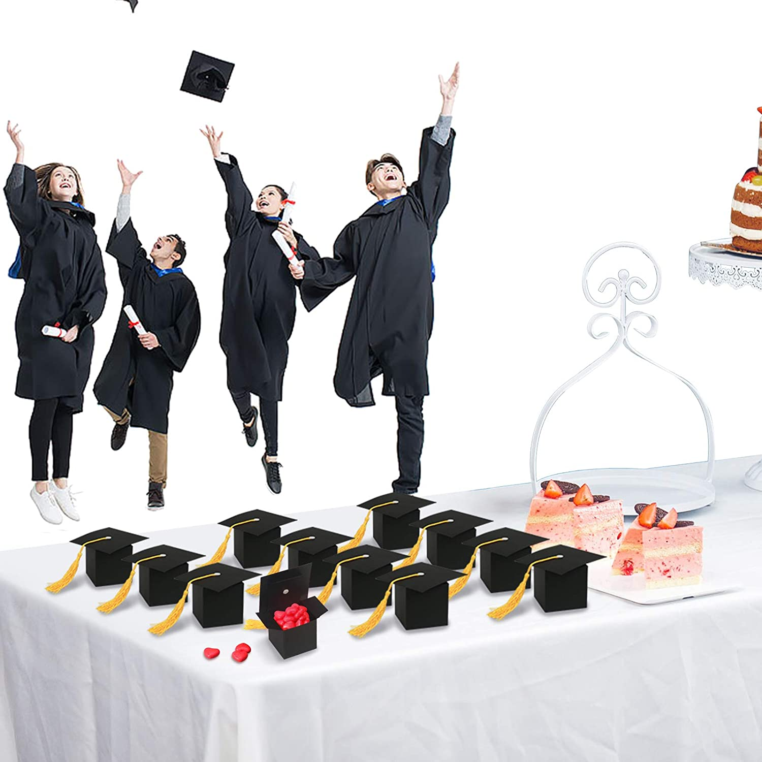 30Pcs Graduation Cap Shaped Gift Box - 6CM Black Doctoral Sweet Boxes with Yellow Tassel for Celebration Ceremony Party image number 6