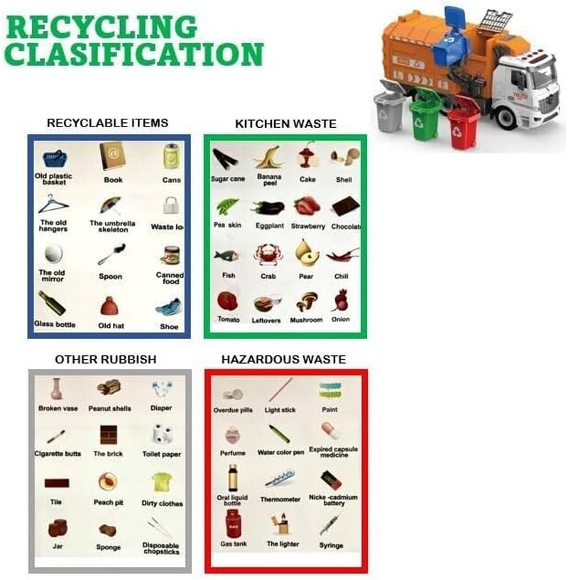 Toy Bin Truck Recycling Garbage Bins Inertia Friction Power DIY Truck Building Automatic Lifting Sound Lights with 4 Coloured Bins image number 1