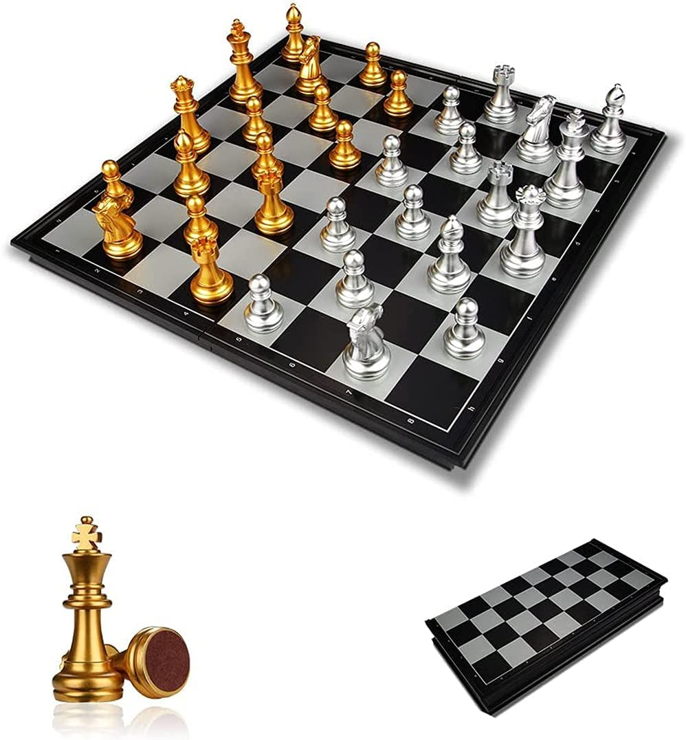 Chess Set, Magnetic Folding Gold and Silver Travel Chess Set,Classic Board Game for Beginner, Kid/Children and Adults Gift Learning and Education Toy, International Chess Set