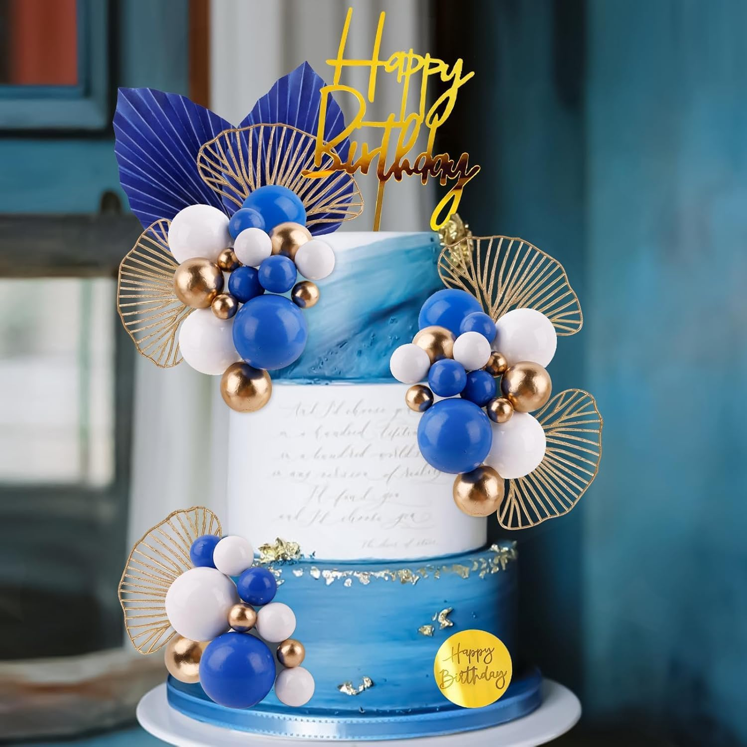 Blue White Gold Ball Cake Toppers Balls Cupcake Toppers Foam Ball Shaped Cake Picks DIY Balloon Cake Insert Topper Balls Birthday Cake Decorations for Birthday Boho Wedding Party image number 5