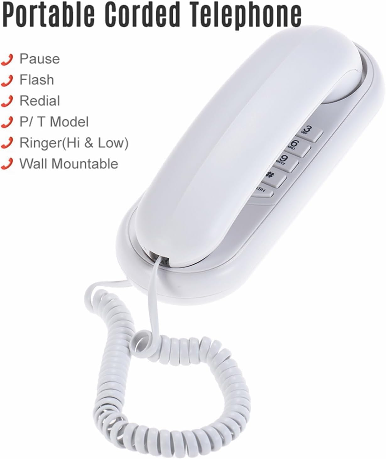 Domary Portable Corded Telephone Phone Pause/Redial/Flash Wall Mountable Base Handset for House Home Call Center Office Company Hotel image number 2
