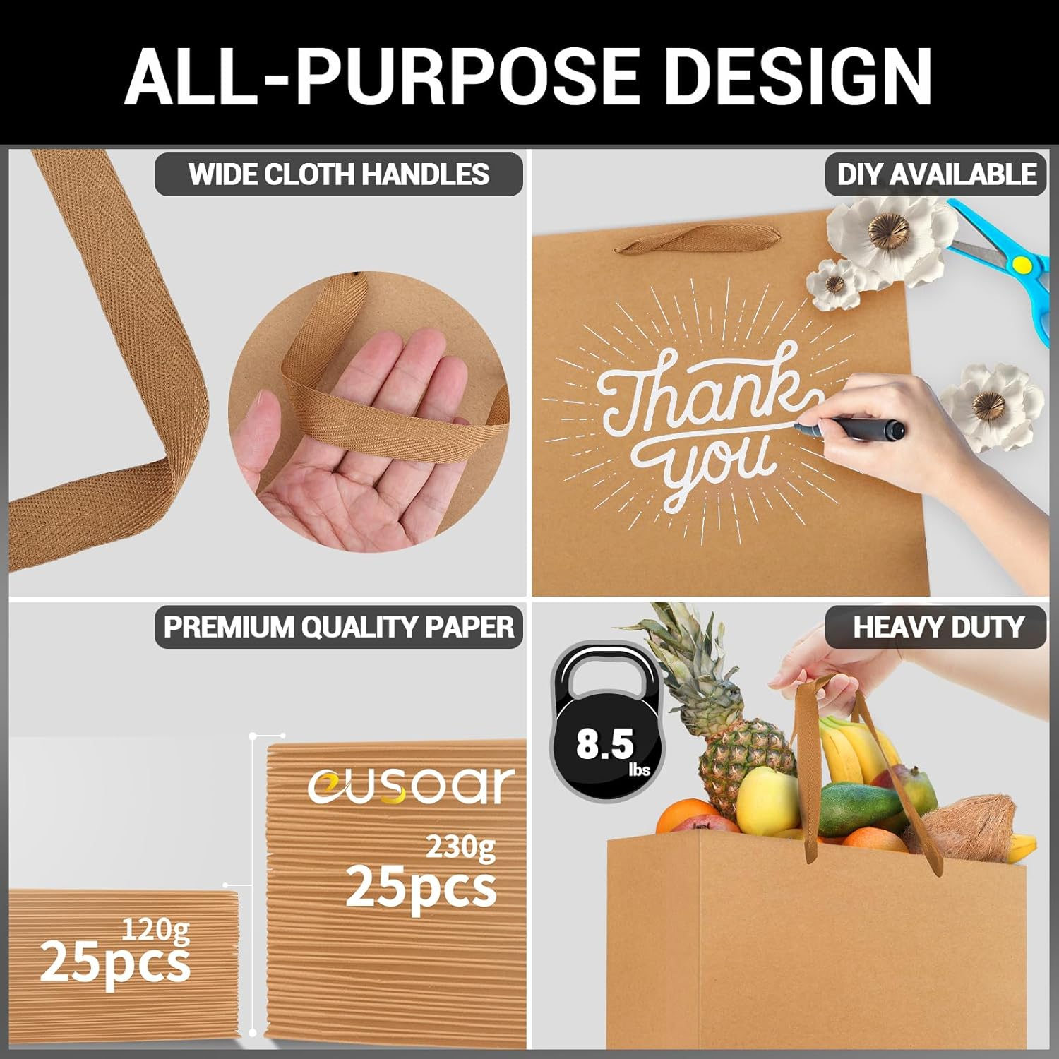 EUSOAR Kraft Paper Gift Bags, 25Pcs Small 10.6"X3.1"X8.3" Brown Sturdy Heavy Duty Shopping Bags with Handle Bulk, Retail, Boutique, Business,Wedding Party Favor,Grocery,Restaurant Merchandise Bag