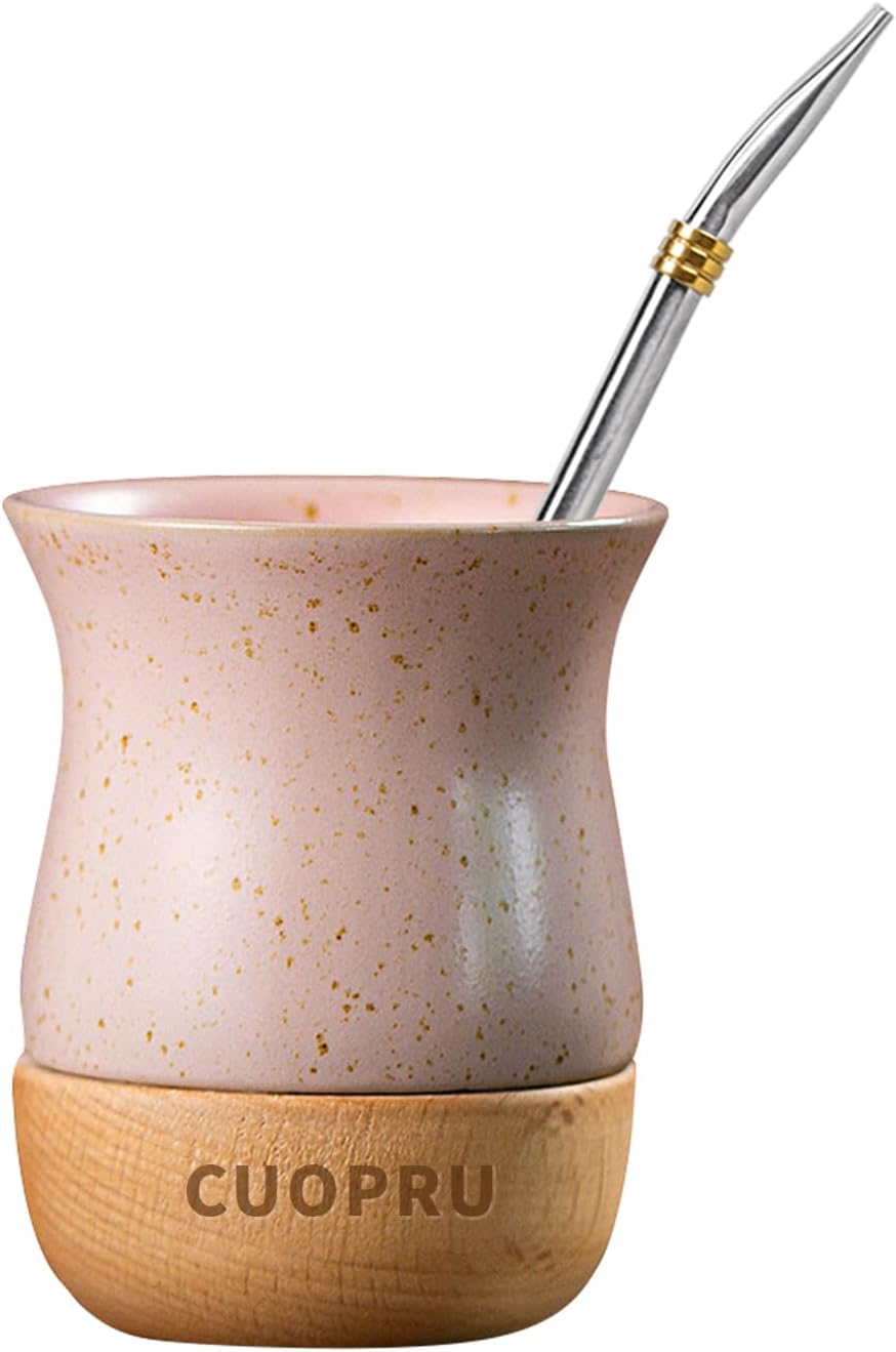 8 OZ Ceramic Yerba Mate Cup with Original Wood Base, Includes Mate Gourd, Bombilla Straw and Cleaning Brush - Perfect for Traditional Yerba Mate and Modern Style Drinking Mug (White) image number 5