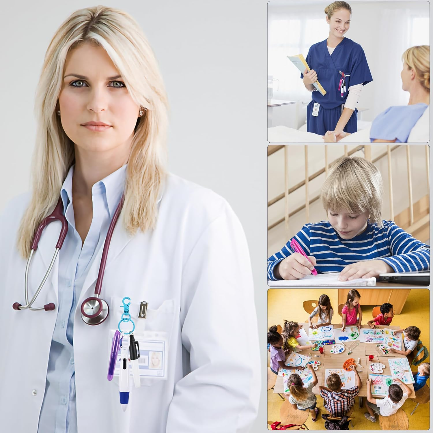 HOYDATE 8Pcs Mini Highlighter Nurse Pen Pack Set Nurse Pens for Badge Include Tip Highlighter 2 Permanent Marker Pens and 2 Retractable Ball Pen with 2 Nursing Keychain Clip (Rose Red+Blue) image number 2