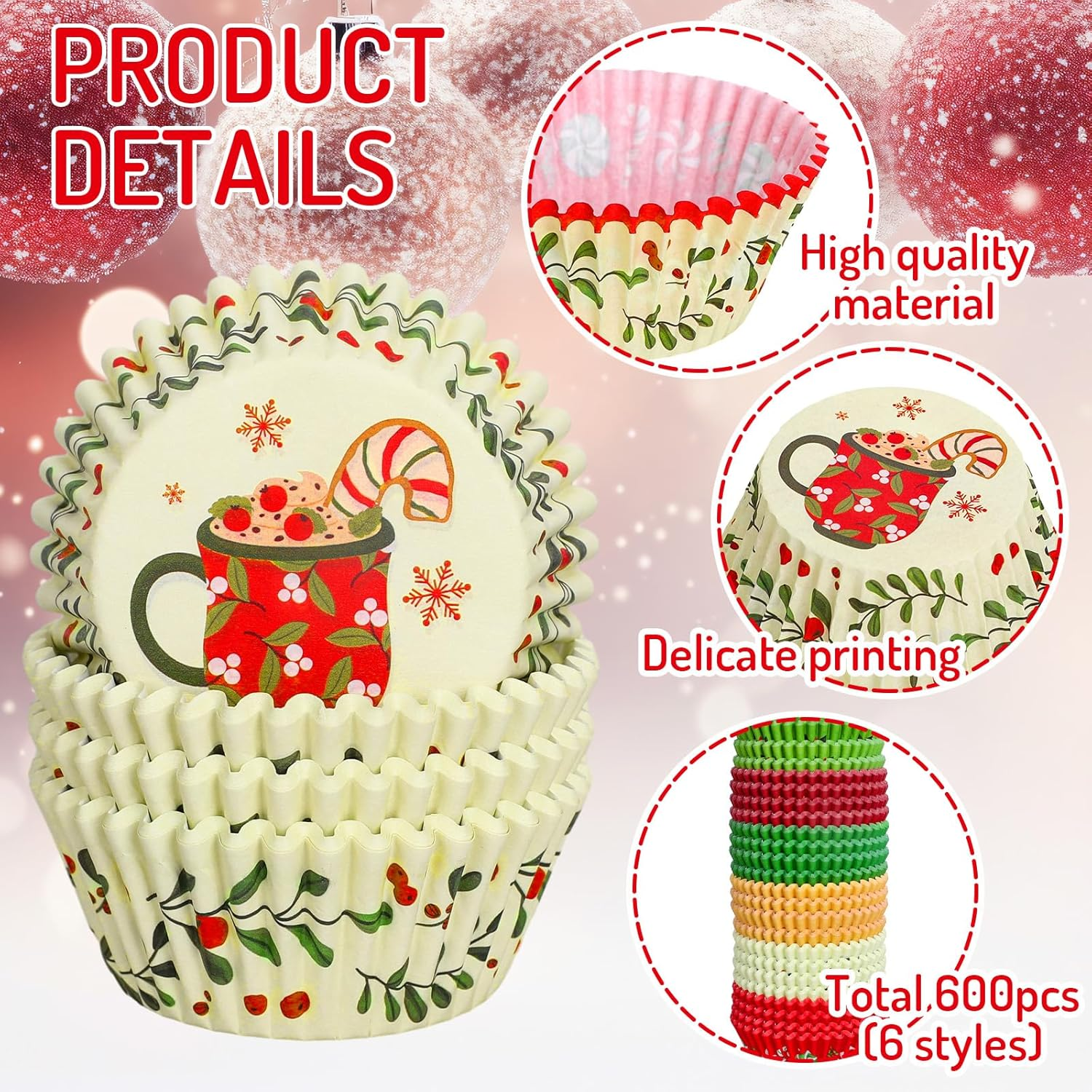 Whaline 600Pcs Christmas Coffee Drink Cupcake Liners Hot Cocoa Cupcake Wrappers Snowman Latte Coffee Lover Baking Cups Holders Sweet Holiday Muffin Liners for Xmas Holiday Birthday Party Supplies image number 6