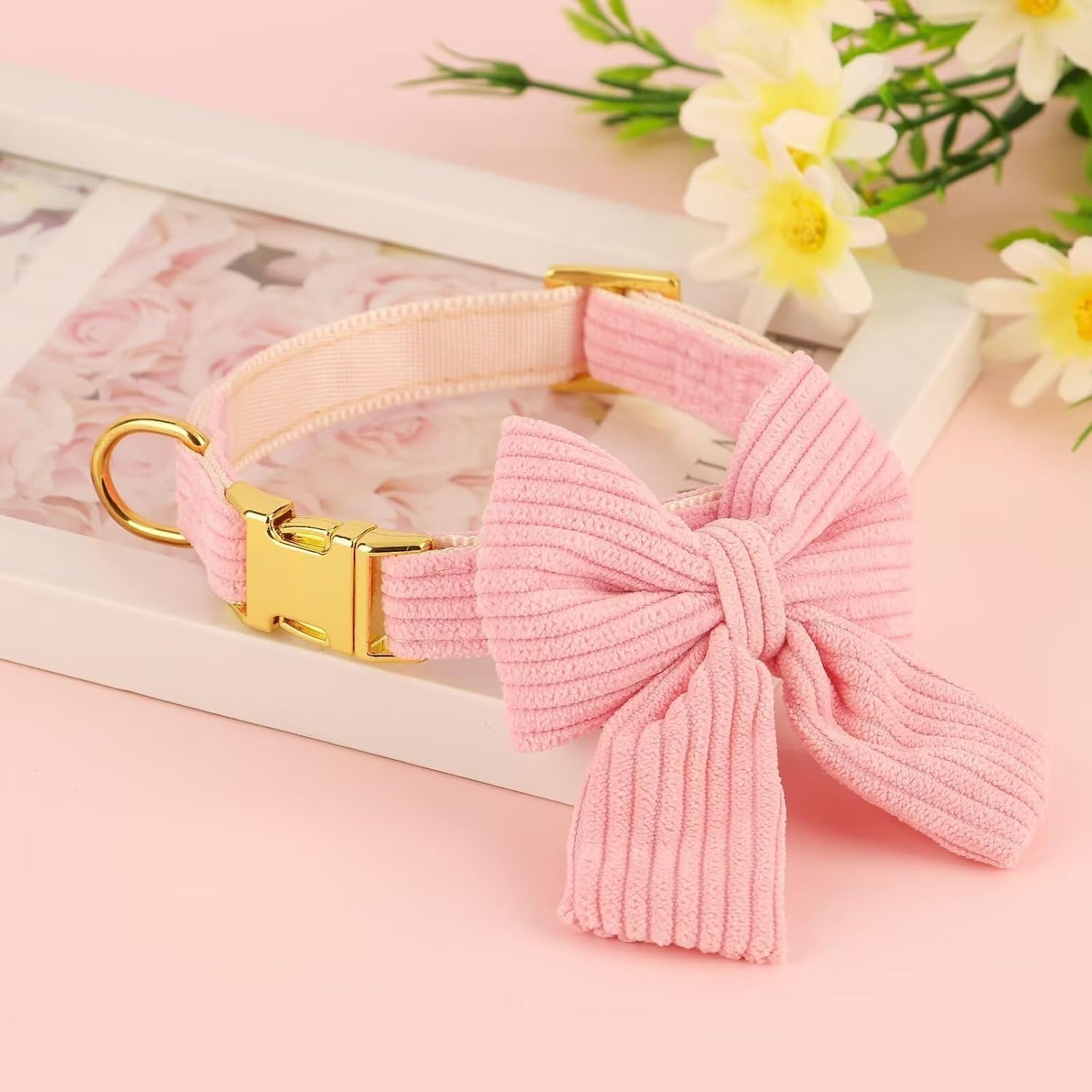 Dog Collar with Bowtie, Adjustable Cute Dog Collar for Wedding and Holiday, Soft Dog Collar for Small Dogs (Pink, L) image number 6