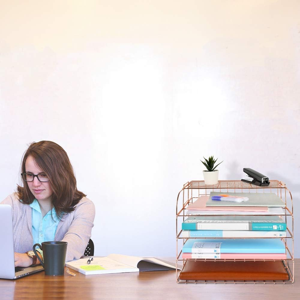 Spacrea Letter Tray, 4 Tier Rose Gold Desk Organizers and Accessories for Women, Stackable Paper Tray Organizer Desk File Organizer with 1 Upper Display Shelf (Rose Gold) image number 1