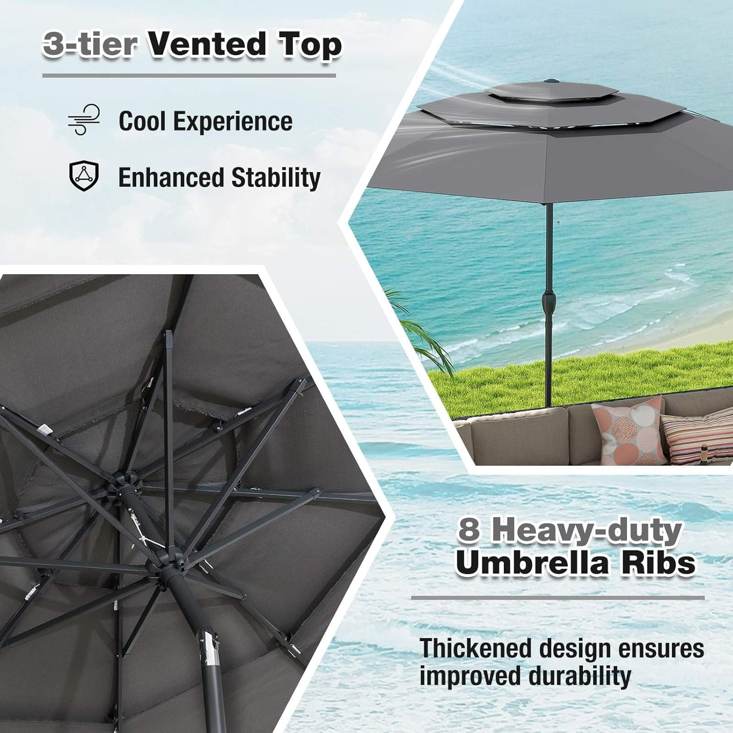Costway 3 M 3-Tier Vented Patio Umbrella, Large Market Table Umbrella W/Push Button Tilt, Crank Handle, 8 Sturdy Ribs, Outdoor Heavy Duty Sun Shade for Backyard, Garden, Beach, Poolside image number 6