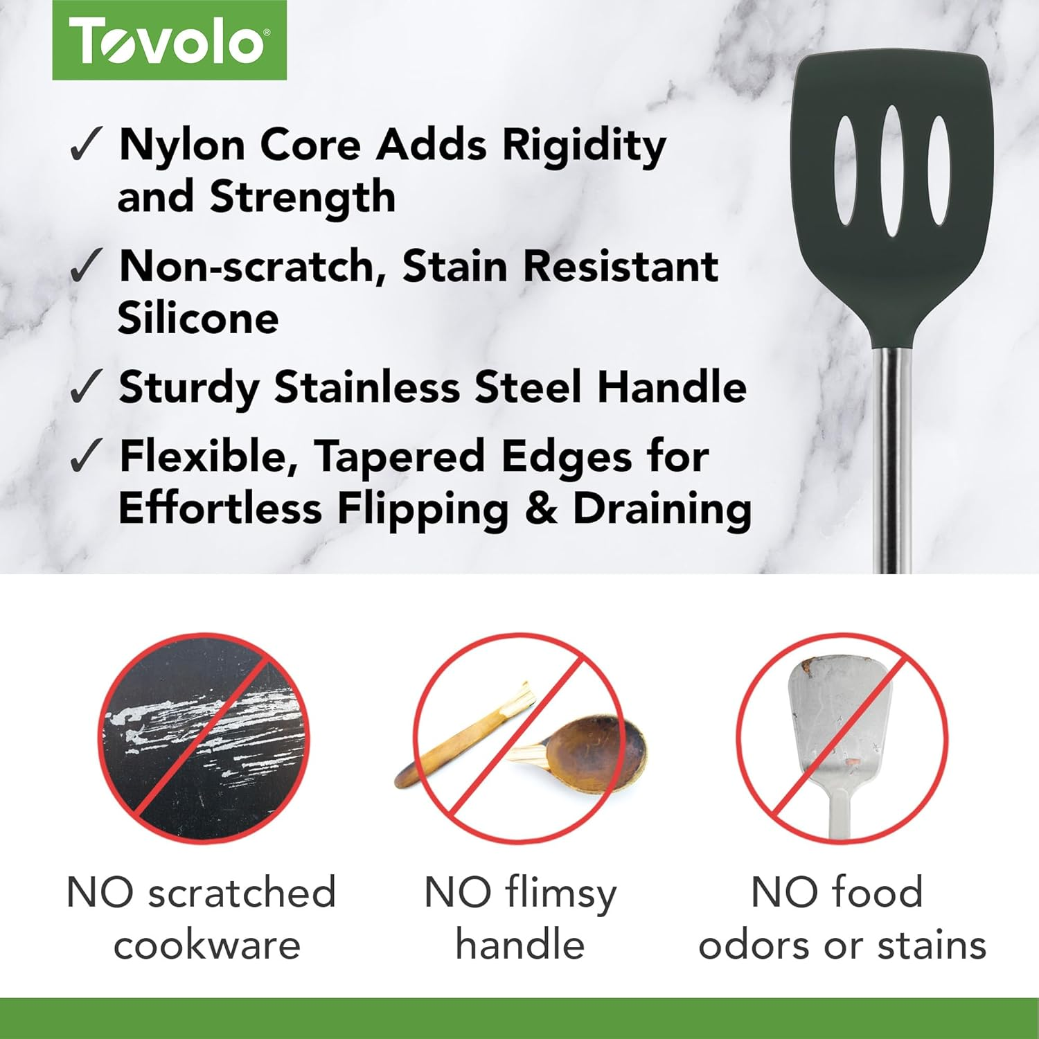 Tovolo Silicone Slotted Turner with Stainless Steel Handle (Charcoal) - Kitchen Utensil & Gadget Essential for Non-Stick Cookware, Apartment, & New Home/Scratch-Resistant, Bpa-Free, Dishwasher-Safe - Charcoal image number 3
