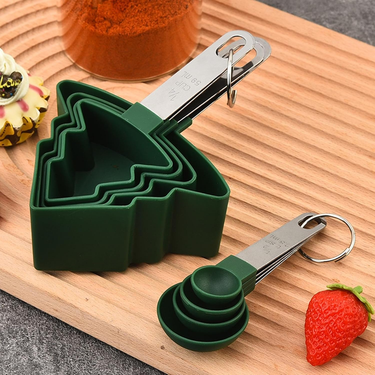 Measuring Cups and Spoons Set | 8X Christmas Tree-Shaped Measuring Spoons with Stainless Steel Handle - Accurate Green Measuring Cups for Cooking and Baking Dry and Liquid