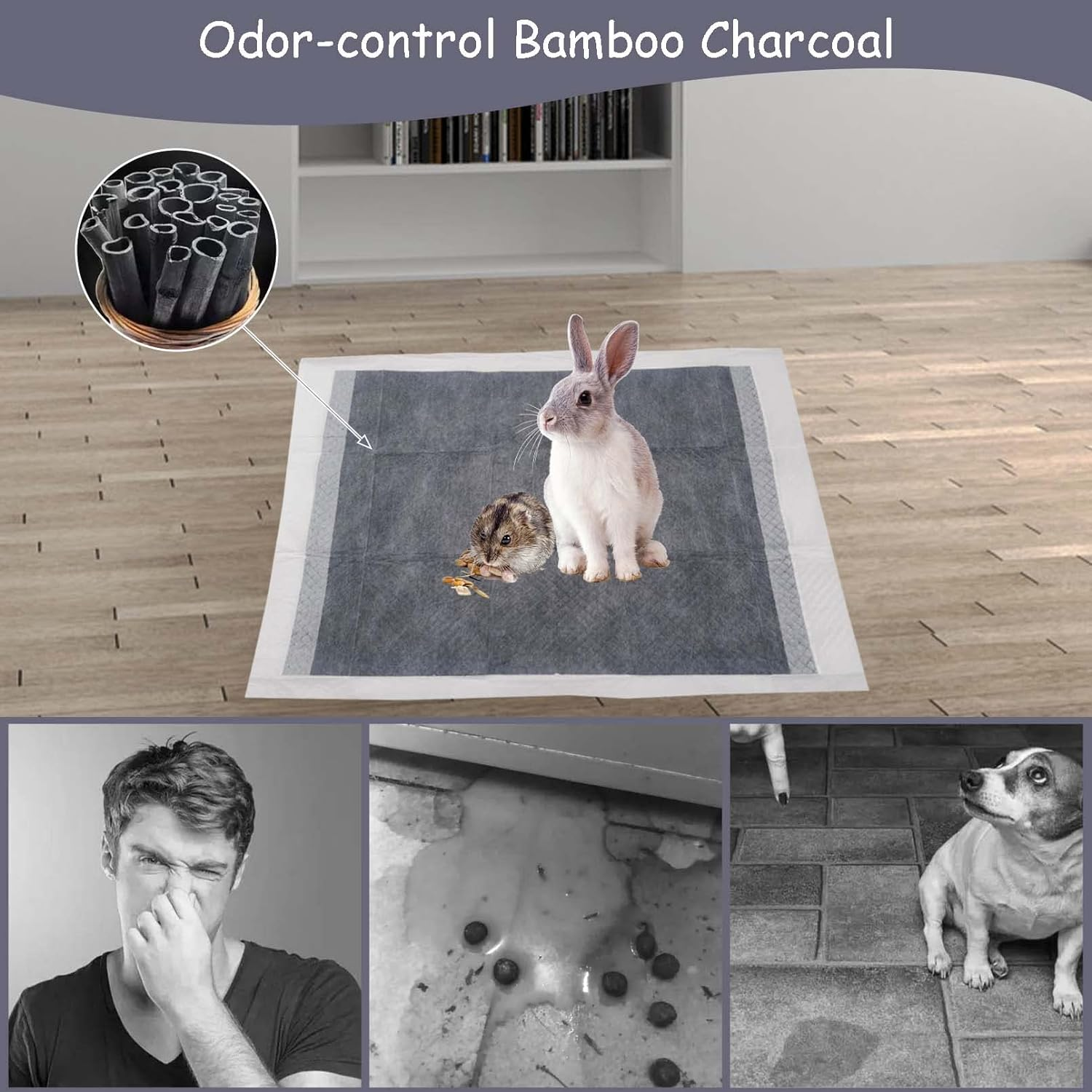 Tfwadmx 50 Pcs Rabbit Pee Pads Guinea Pig Super Absorbent Cage Liners Bunny Disposable Black Carbon Diapers Small Animal Training Accessories with Quick-Dry Surface for Chinchilla Ferret Hamster image number 3