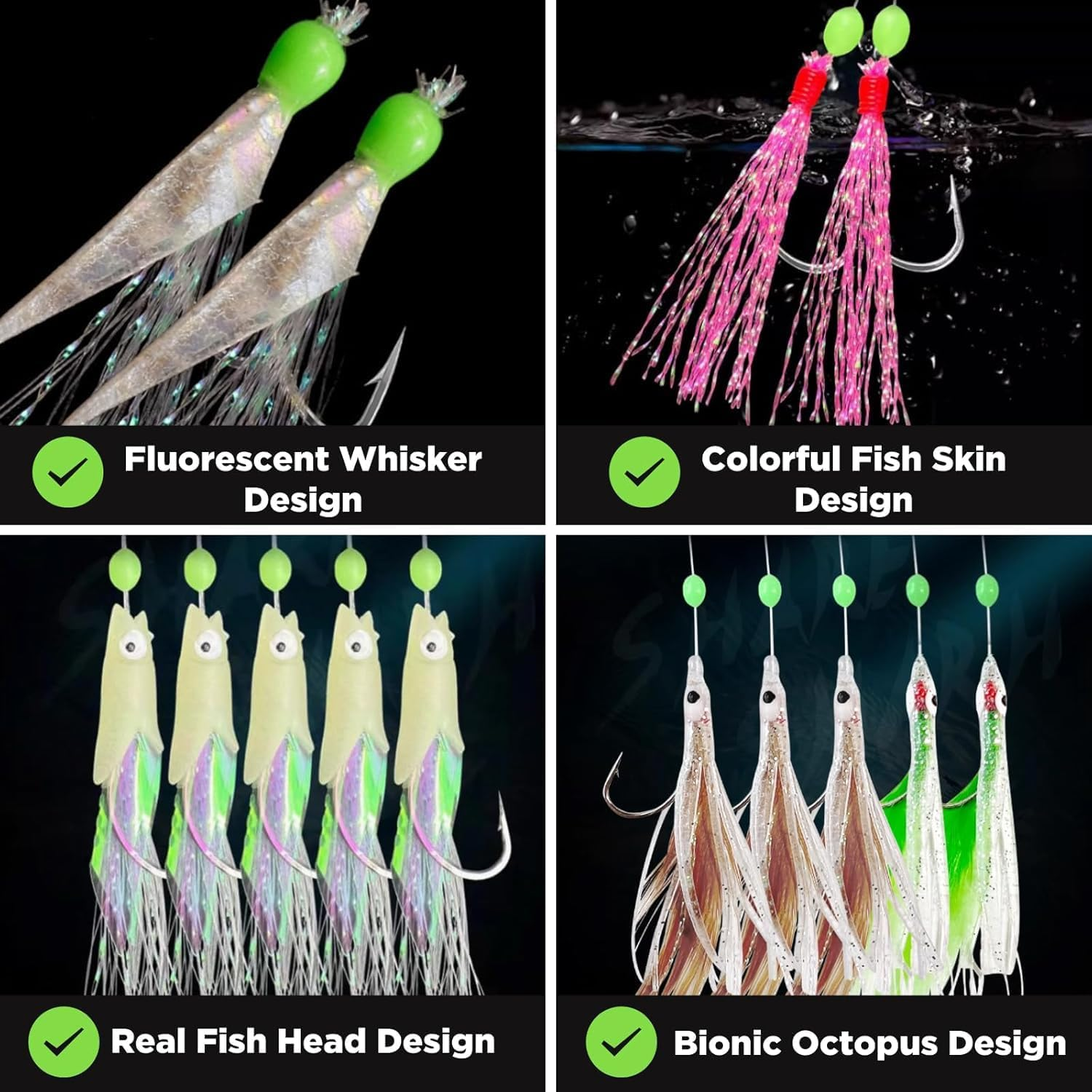 5 Pcs Pre Tied Fishing Hook Set with Bionics Lures Carbon Steel Barbed Hooks for Saltwater Includes Quick Swivels Snaps Glow Beads Flasher Bait Rigs for Fish Bites image number 4