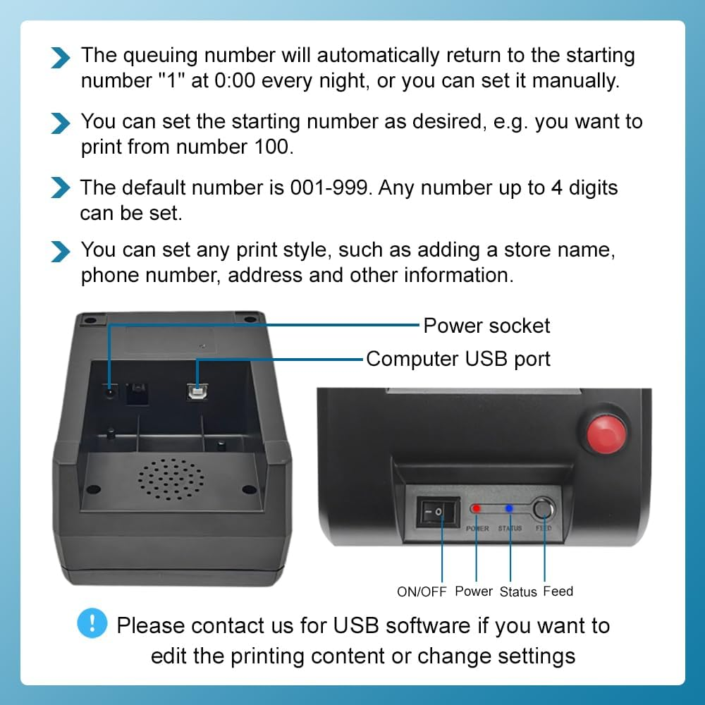 Ticket Dispenser Take a Number 57Mm Receipt Ticket Thermal Printer for Queue Can Edit Print Text via PC Show 3-Digits Waiting Number for Haunted House - Black image number 4