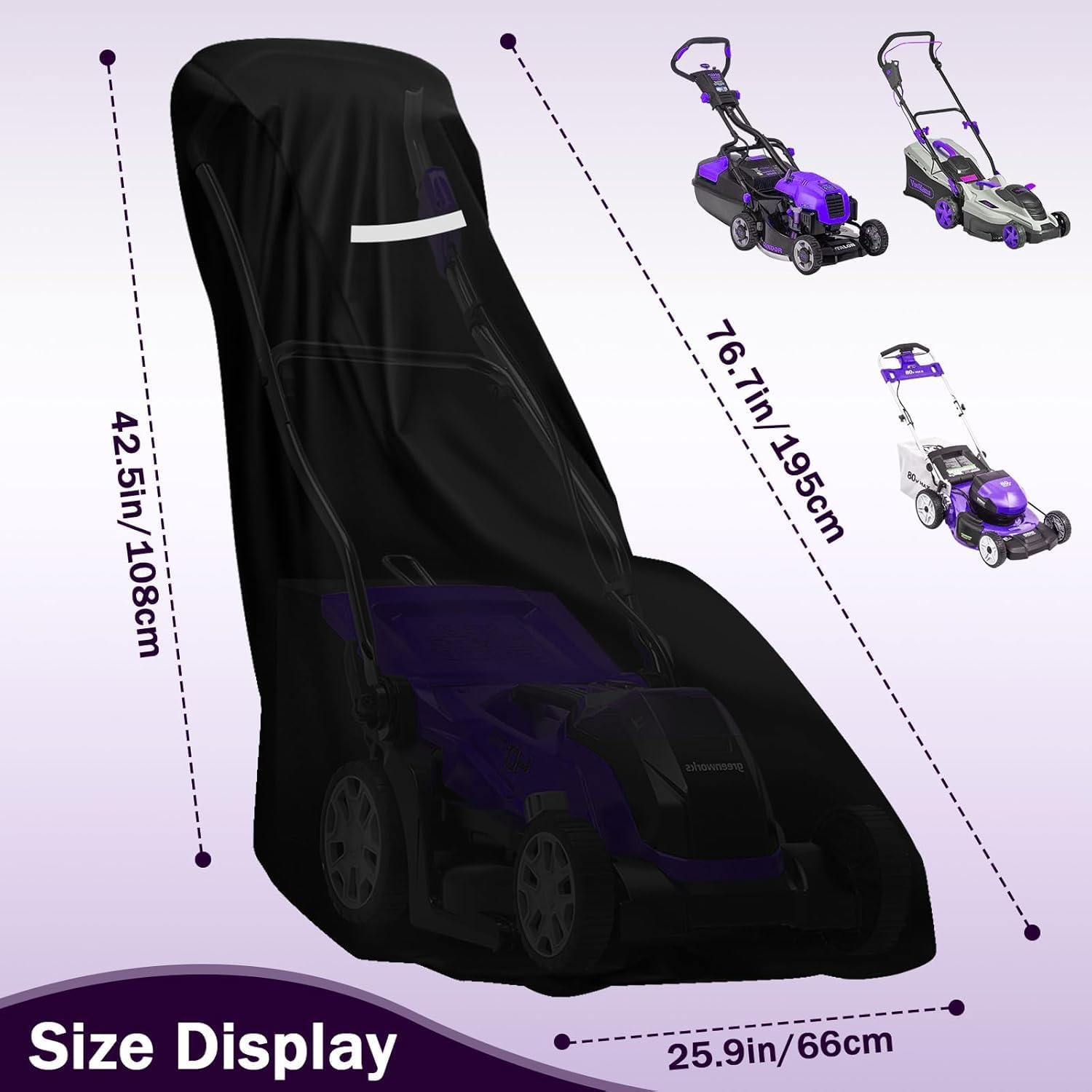 Heavy Duty 210D Polyester Oxford Push Lawn Mower Cover, 193*112*64Cm, Waterproof, UV Protection, Purple, Universal Fit with Drawstring & Storage Bag image number 1