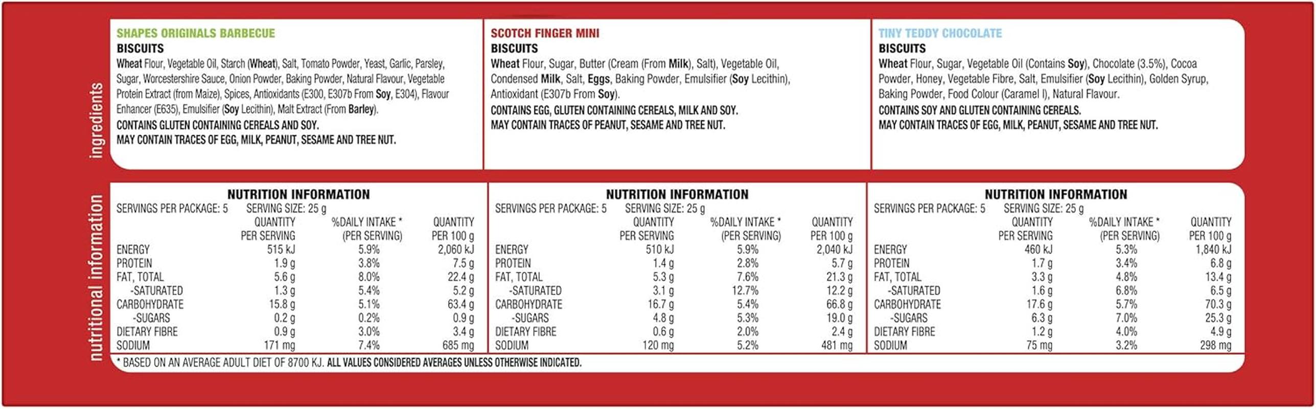 Arnott'S Favourites BBQ Shapes Scotch Finger and Tiny Teddy Chocolate Multipack 15 Pack 375G image number 2
