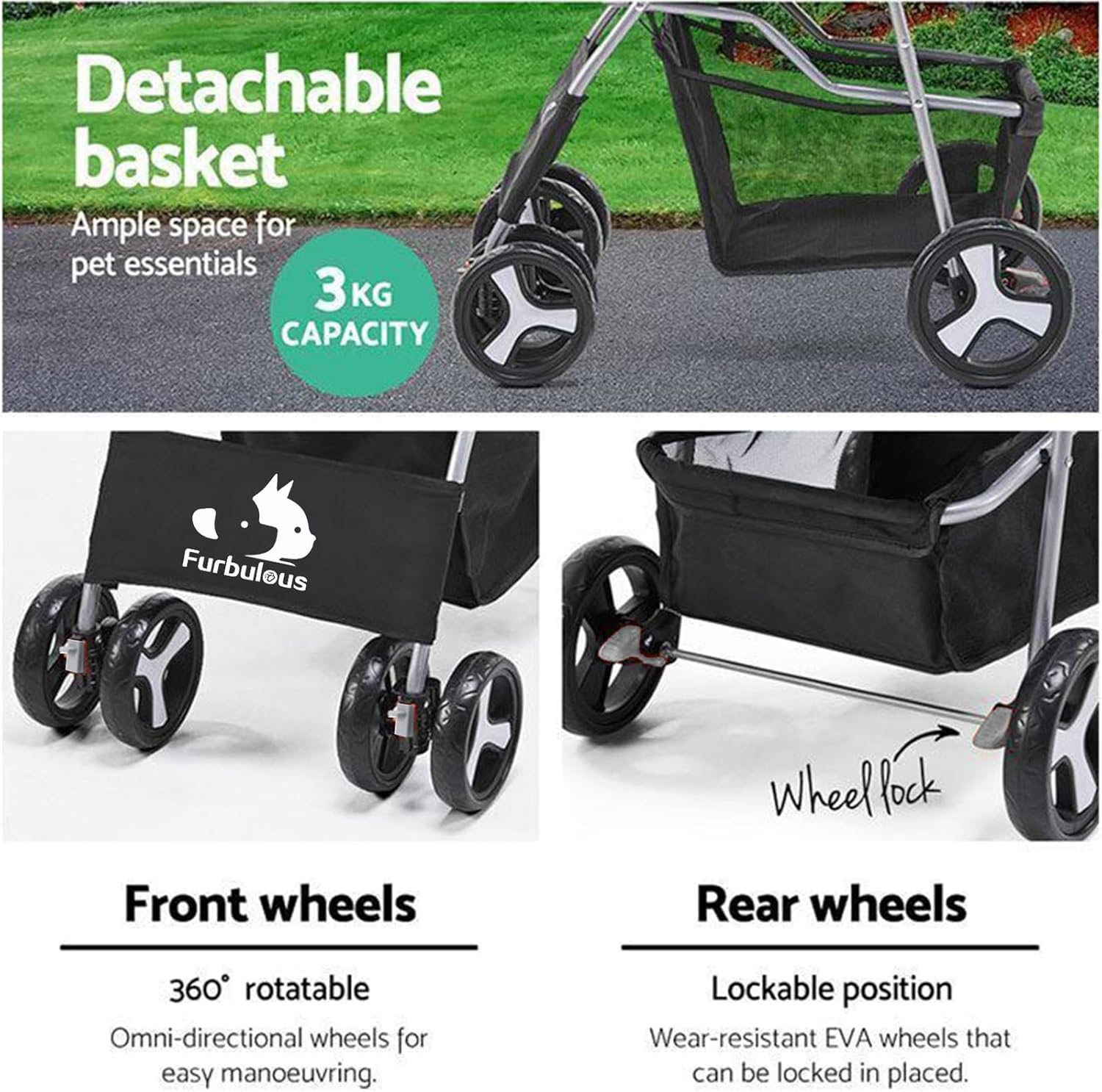 FURBULOUS Pet Dog Stroller, 4-Wheel Foldable Cat Dog Stroller with underneath Storage, Easy to Fold & Unfold, Cup Holder Handle 360&deg; Front Wheel Rear Wheel with Brake for Small Pets - Grey image number 6