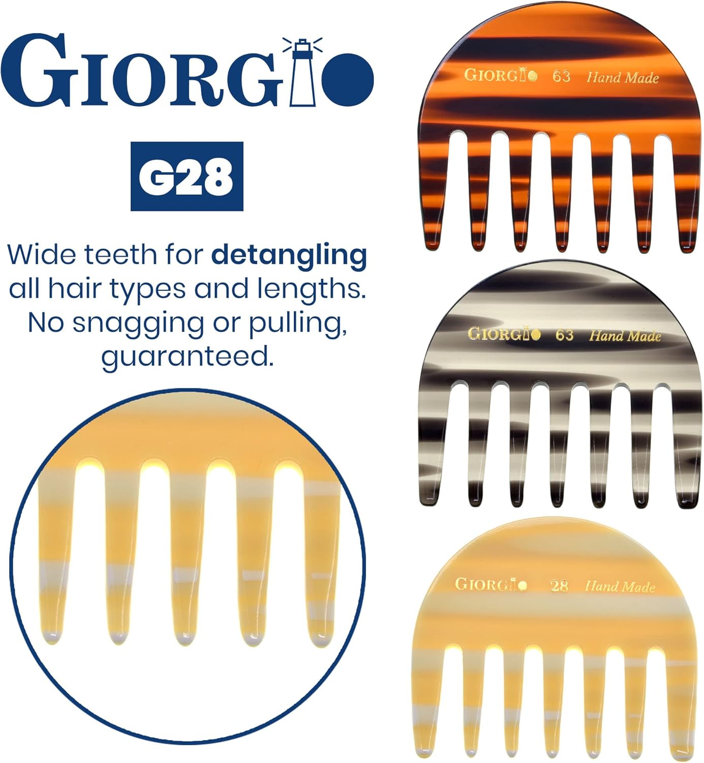 Giorgio G28 2 3/4" Hand Made Ivory Detangling Comb - Wide Teeth Flexible Comb, Hand-Made of Quality Durable Cellulose, Saw-Cut and Hand Polished (2 Pack, Ivory) image number 3
