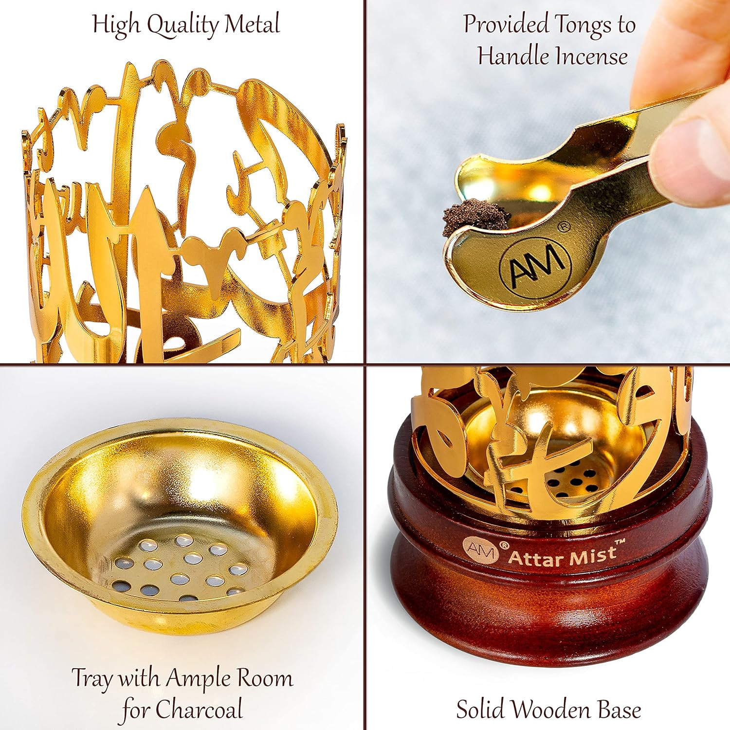 AM Bakhoor Calligraphy Incense Burner - Metalic Resin Cone Holder | Wooden Base | Frankincense Charcoal Burner (Mabkhara) | Spiritual Gifts for Office & Home Decor (Gold) image number 4