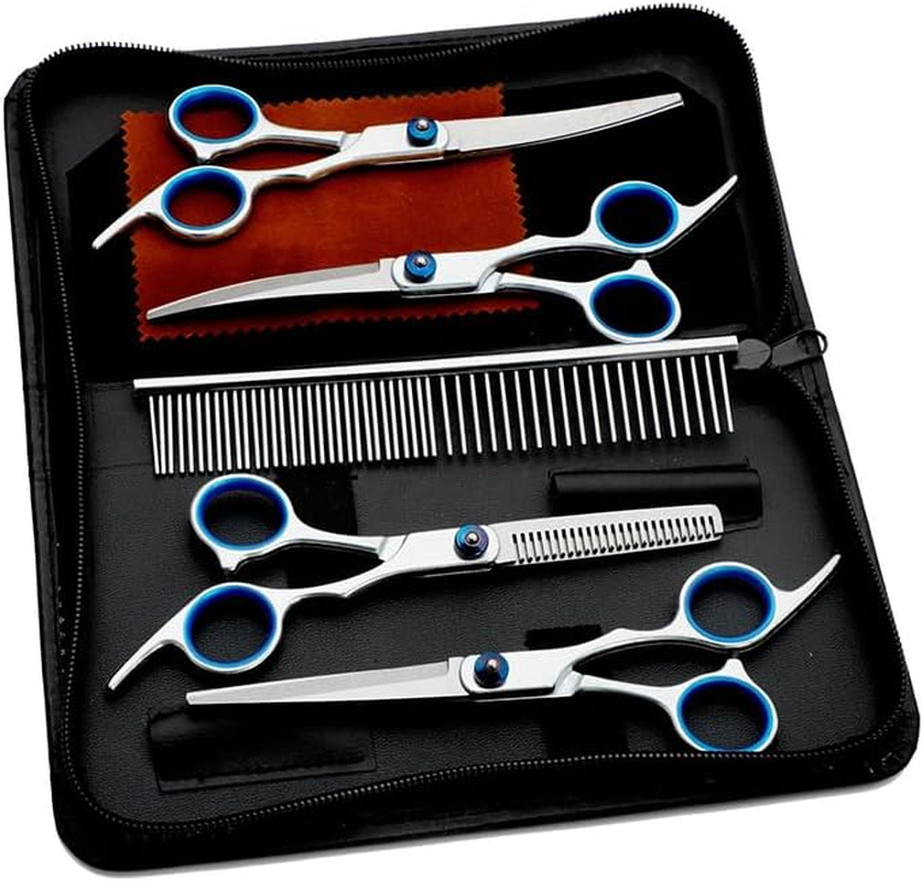 AIMALL 7PCS 7" Pet Grooming Scissors Set, Straight & Curved Dog & Cat Cutting, Thinning Shears, Includes Comb and Storage Case image number 1