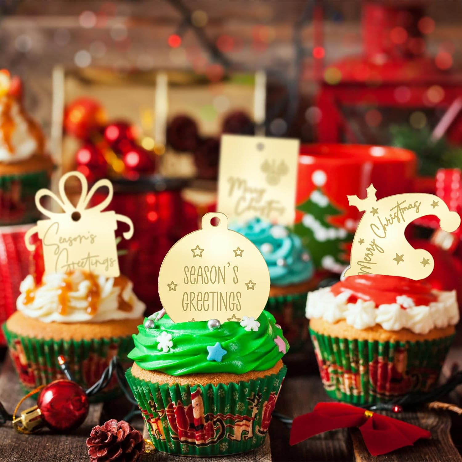 Christmas Cake Topper, 24Pcs Golden Mirror Irregular Merry Christmas Acrylic Cupcake Picks Christmas Themed Cake Discs for DIY Cake Charms image number 3