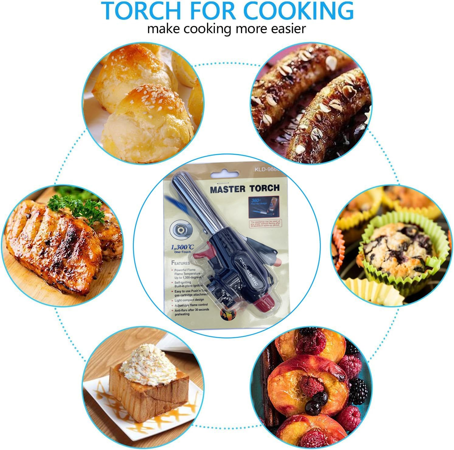 Butane Blow Torch, Professional Gas Burner, Kitchen Blow Lighter Ignition Gun, Adjustable Flame, 360&deg; Reverse Use for Creme Baking Cooking BBQ Camping Welding Soldering Master(Butane Gas Not Included) image number 2