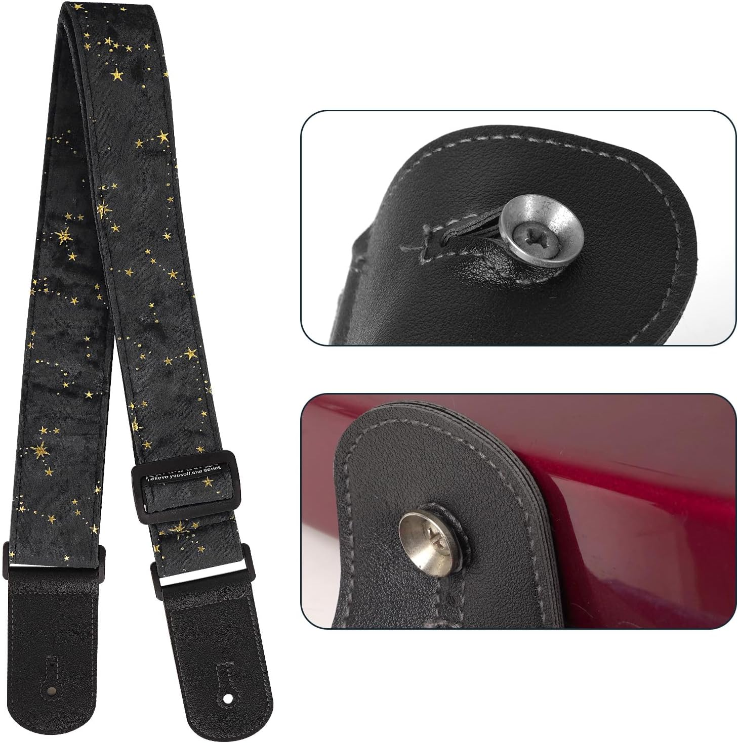 Ukulele Strap Belt, Adjustable Shoulder Strap for Folk, Electric Guitar Bass, Starry Pattern Uke Strap for Mandolin, Banjo, Concert - Black image number 1