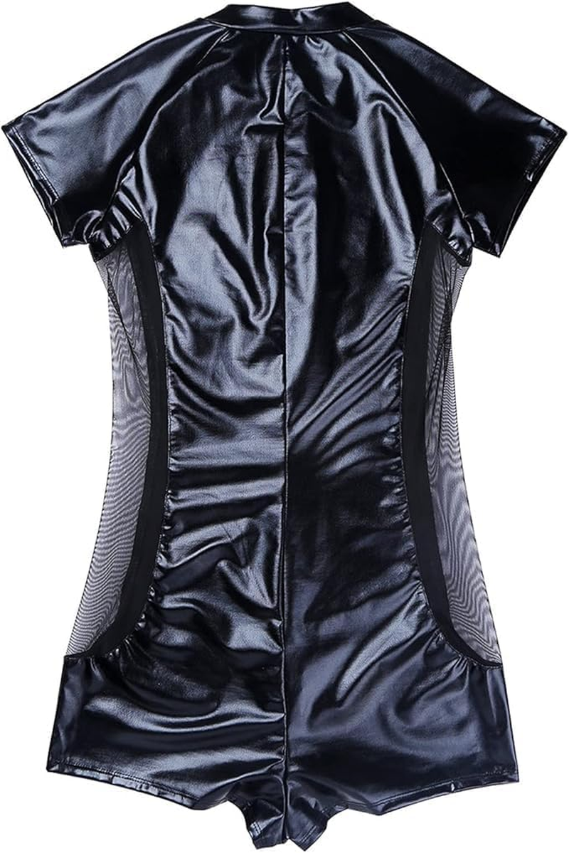 Men'S One Piece Faux Leather Leotard Bodysuit Catsuit Side Mesh Front Zipper Clubwear Costume image number 2