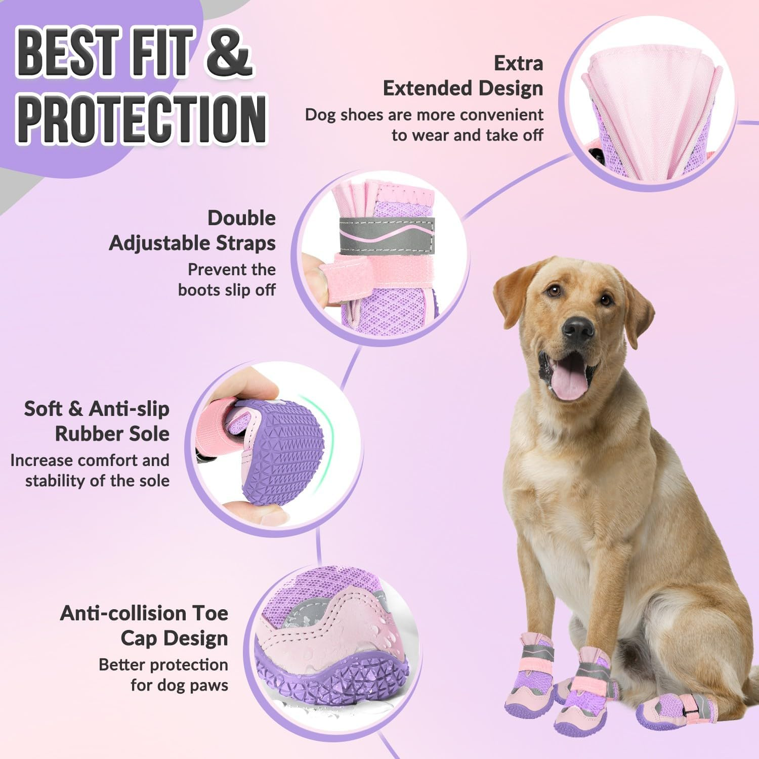Slowton Dog Boots, Breathable Dog Paw Protector, Dual Adjustable & Washable Non-Slip Puppy Shoes with Reflective Strip for Injured Paws, Comfortable Walking Boots for Small Medium Large Puppy image number 6