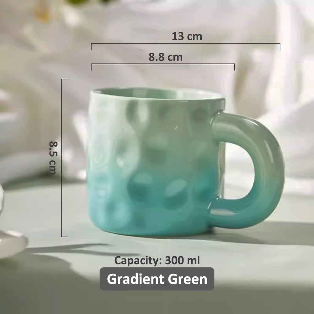 TREEWOO Creative Gradient Macaroon Color Ceramic Handmade Coffee Mug with Chubby Handle and Spoon Cute Breakfast Coffee Milk Cup for Family Friend (Green)