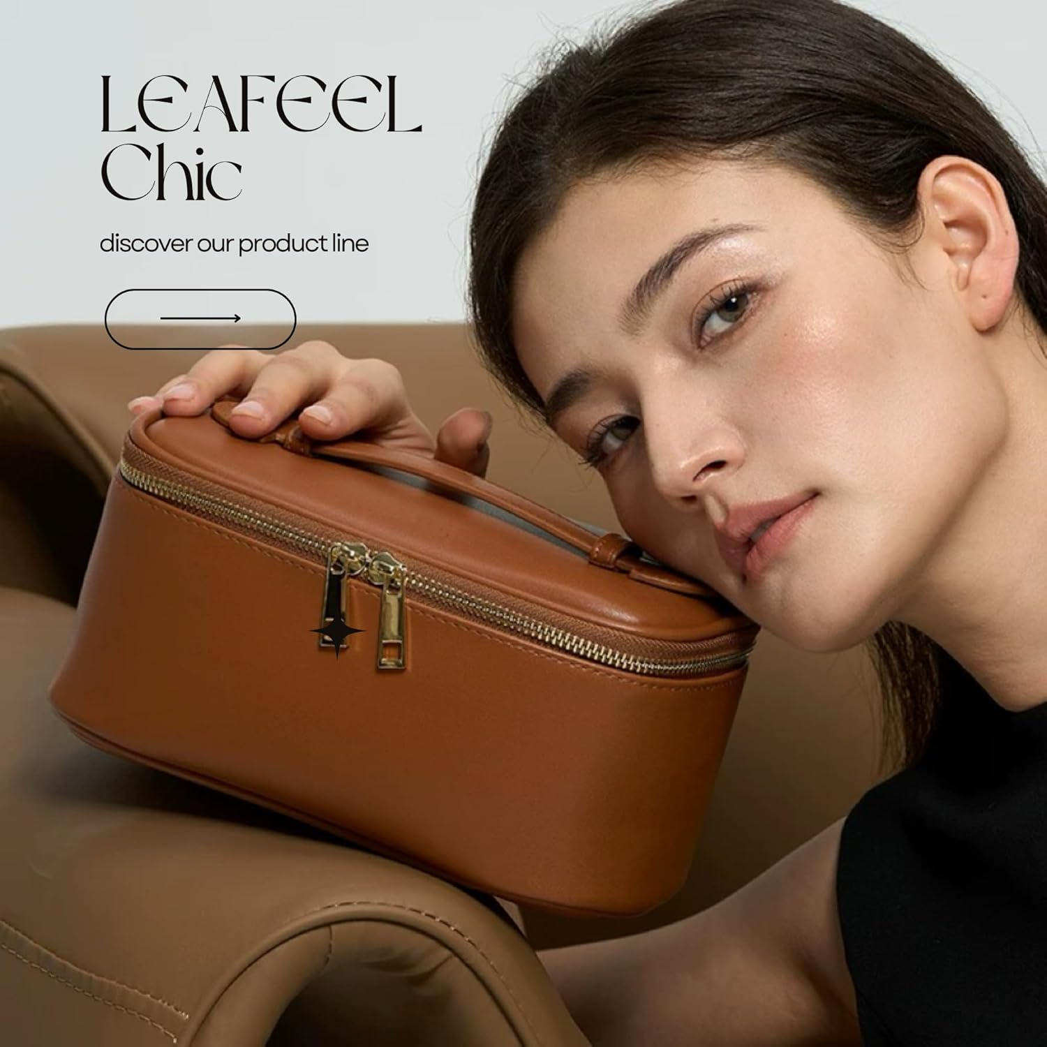 Chic Makeup Bag with Mirror Large Capacity Storage Detachable Mirror Vanity Type Cosmetic Bag Portable Small Items Organizer Travel/Business Use Skincare Storage (Standard Model Brown) image number 3