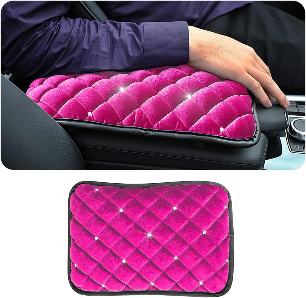 AUCELI Fluffy Car Armrest Cover, Bling Diamond Auto Center Console Pad, Soft Seat Box Protector, Plush Cushion for Arm Rest, Vehicle Interior Protection Accessories, Universal Fit Truck SUV