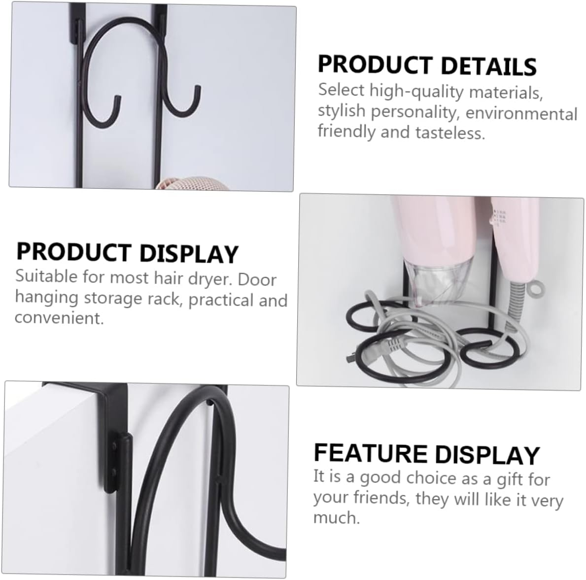 Strong Capacity Hair Dryer Rack Wall Mount Holder Bathroom Accessory Door Hanger Stylish image number 2