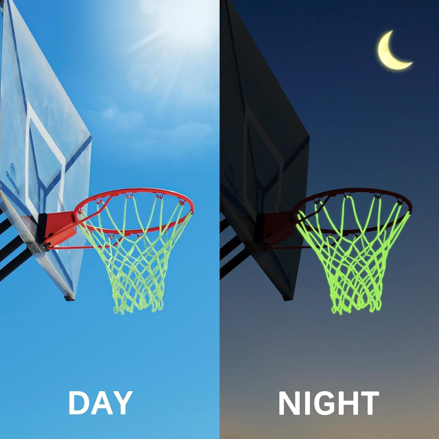Basketball Net Outdoor, Upgraded Glow-In-The-Dark Basketball Net, Heavy Duty Basketball Net Outdoor, 12 Ring Standard Size Nightlight Basketball Sports Gift Sports School (Fluorescent Green)