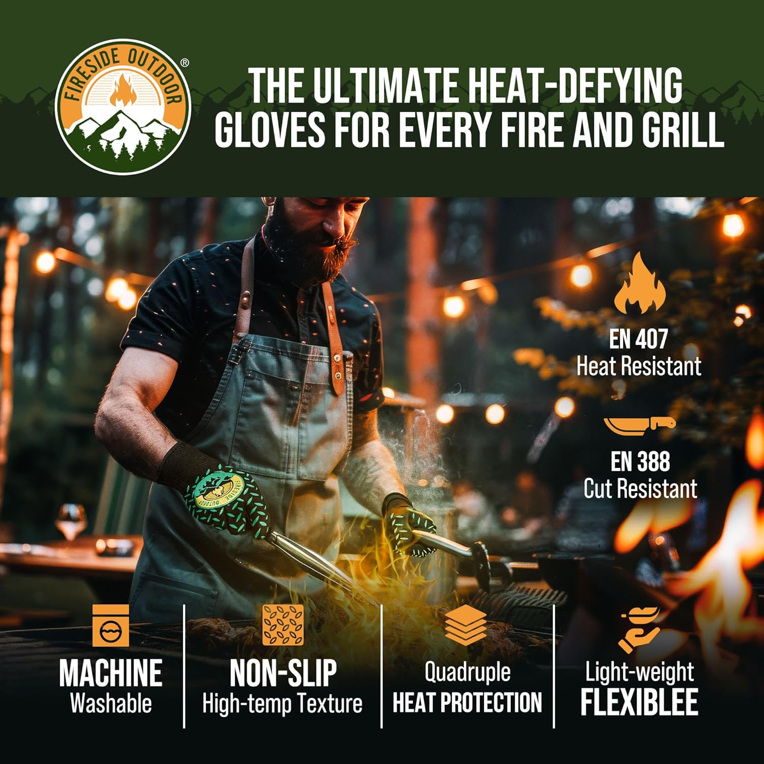 Fireside Outdoor Thermal Resistant Gloves - BBQ Gloves, Fire Gloves, Heat Resistant BBQ Gloves, Campfire Gloves, Fire Protection Gloves, Heat Proof Gloves, Hot Gloves for Grilling, 932&deg;F Resistance image number 4