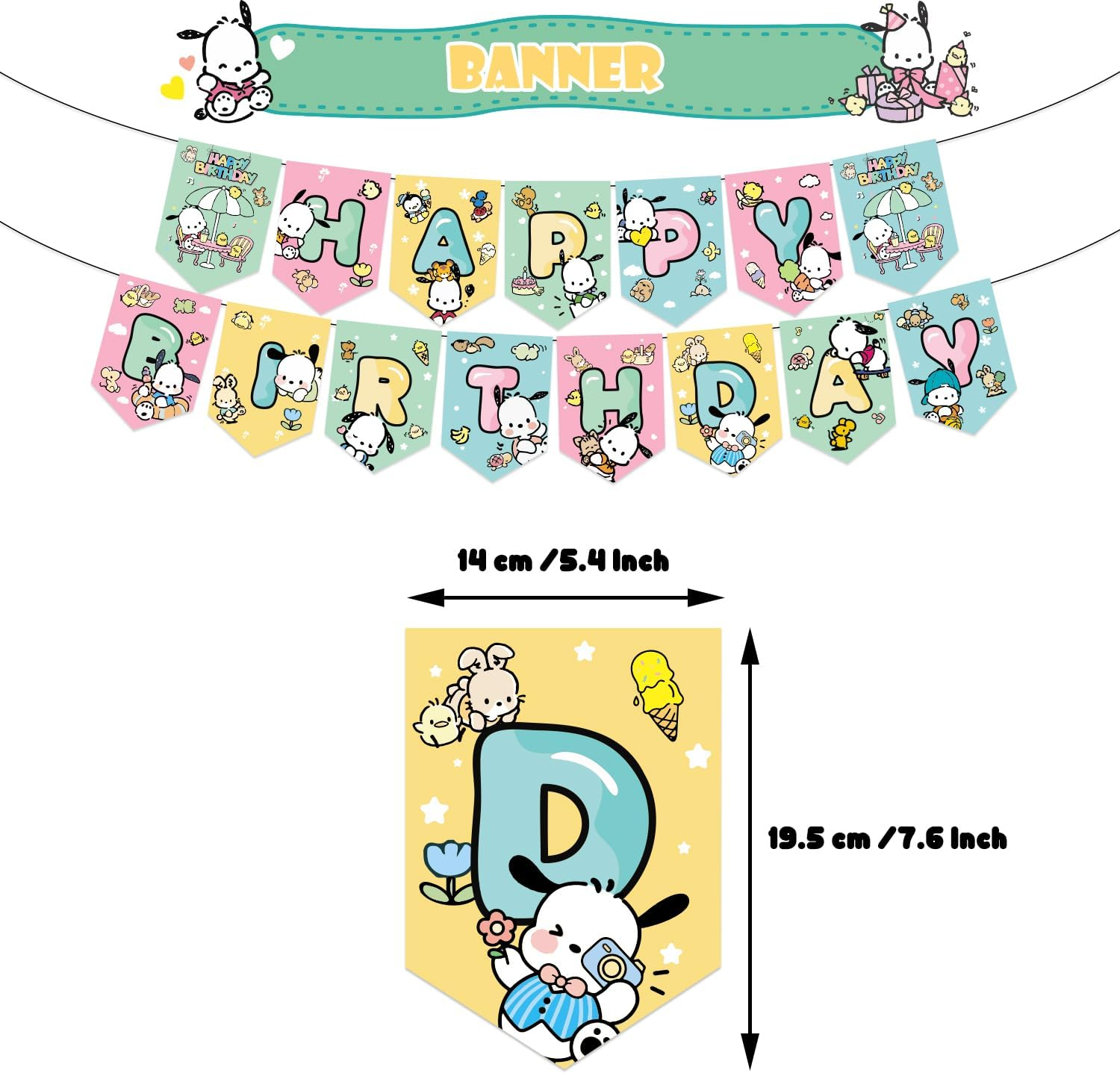 Pochacco Birthday Party Decorations, Kawaii Cartoon Party Supplies with Banner, Cupcake Cake Toppers and Foil Balloons Party Favors for Fans Birthday Background Decorations