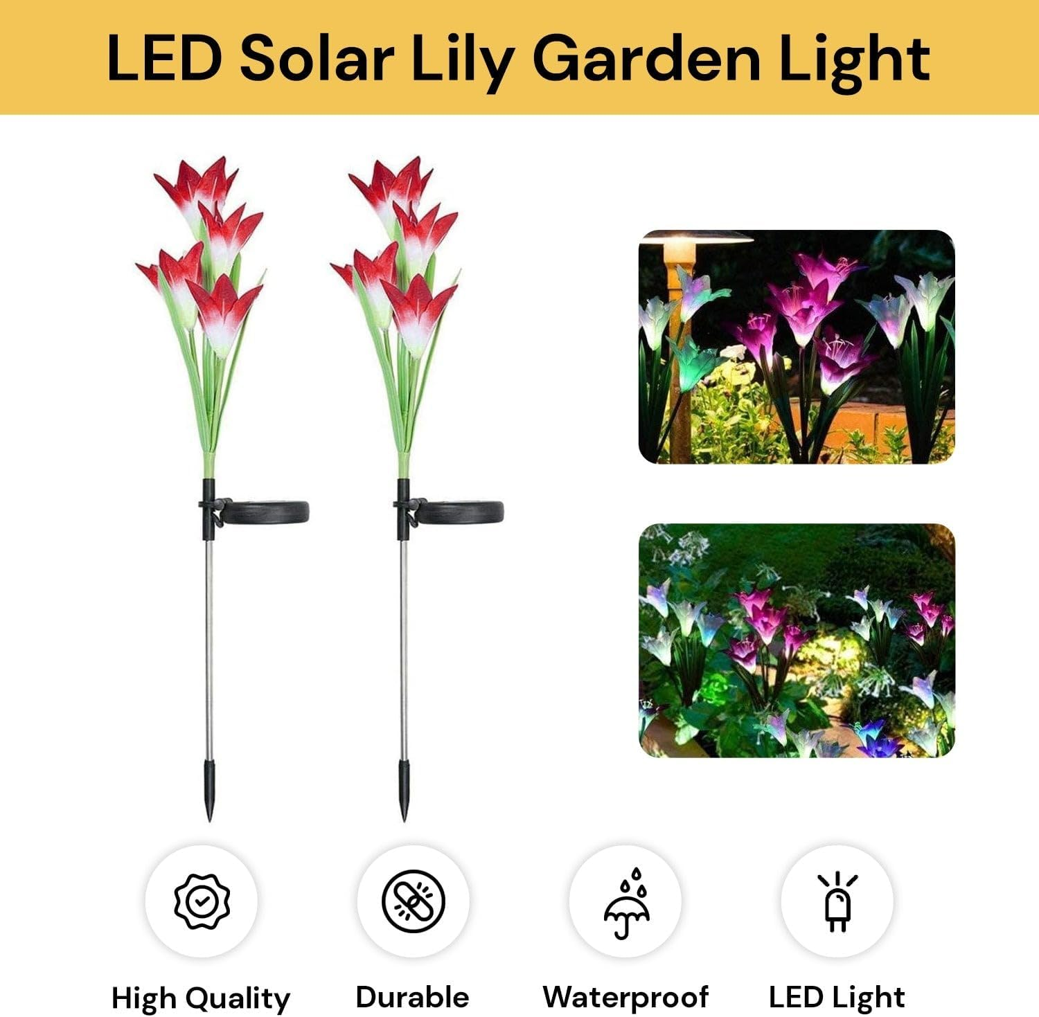 EZONEDEAL Solar Flower Lights Outdoor, 2 Pcs Lily Flower Solar Garden Lights, Stake Lights Artificial Flowers Led Solar Lights Outdoor for Garden Patio Pathway Walkway Lawn Yard Decoration (Red) image number 2