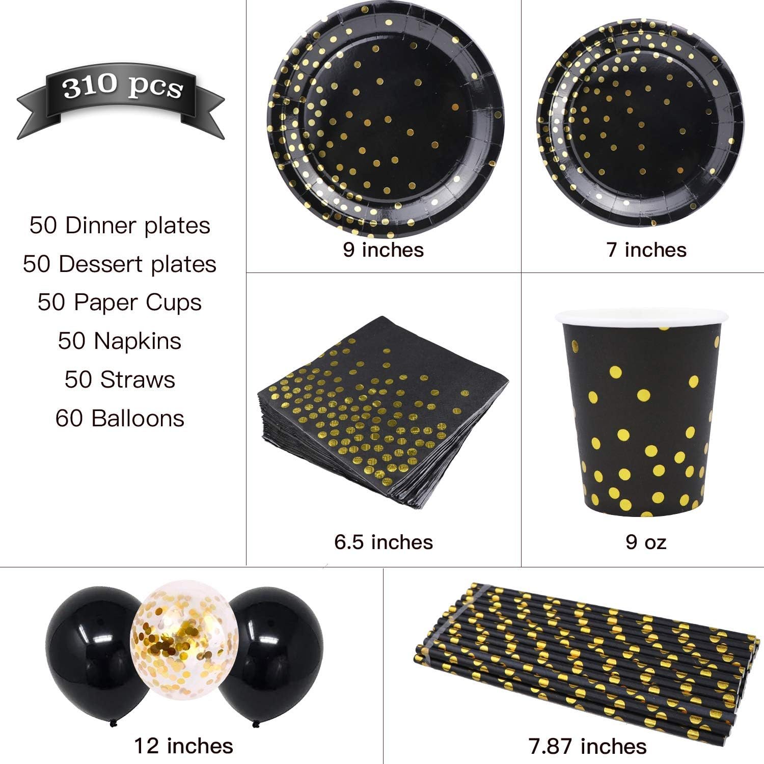 310PCS Black and Gold Party Supplies - Disposable Paper Plates Dinnerware Set Rose Gold Dots 50 Dinner Plates 50 Dessert Plates 50 Cups 50 Napkins 50 Straws 60 Balloons Birthday Party Wedding Holiday image number 6