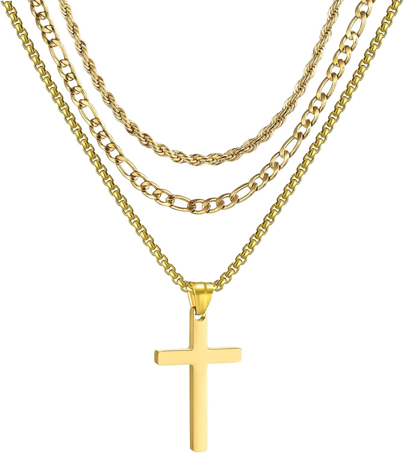 3Pcs Set Cross Necklace for Men, Mens Cross Necklace Cross Chain Layered Stainless Steel Rope Figaro Chains for Women Boys Gold Silver Black (20Inch/22Inch)