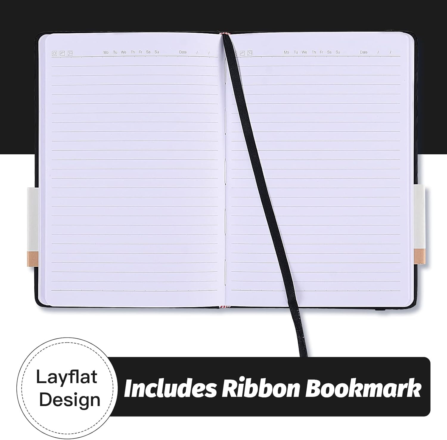 A5 Hardcover Notebook, Lined Journal with 200 Pages, Soft-Touch Faux Leather Cover with Elastic Closure, Ribbon & Pocket - Perfect for Work, Office & Notes (Black - 1 Pack) image number 3