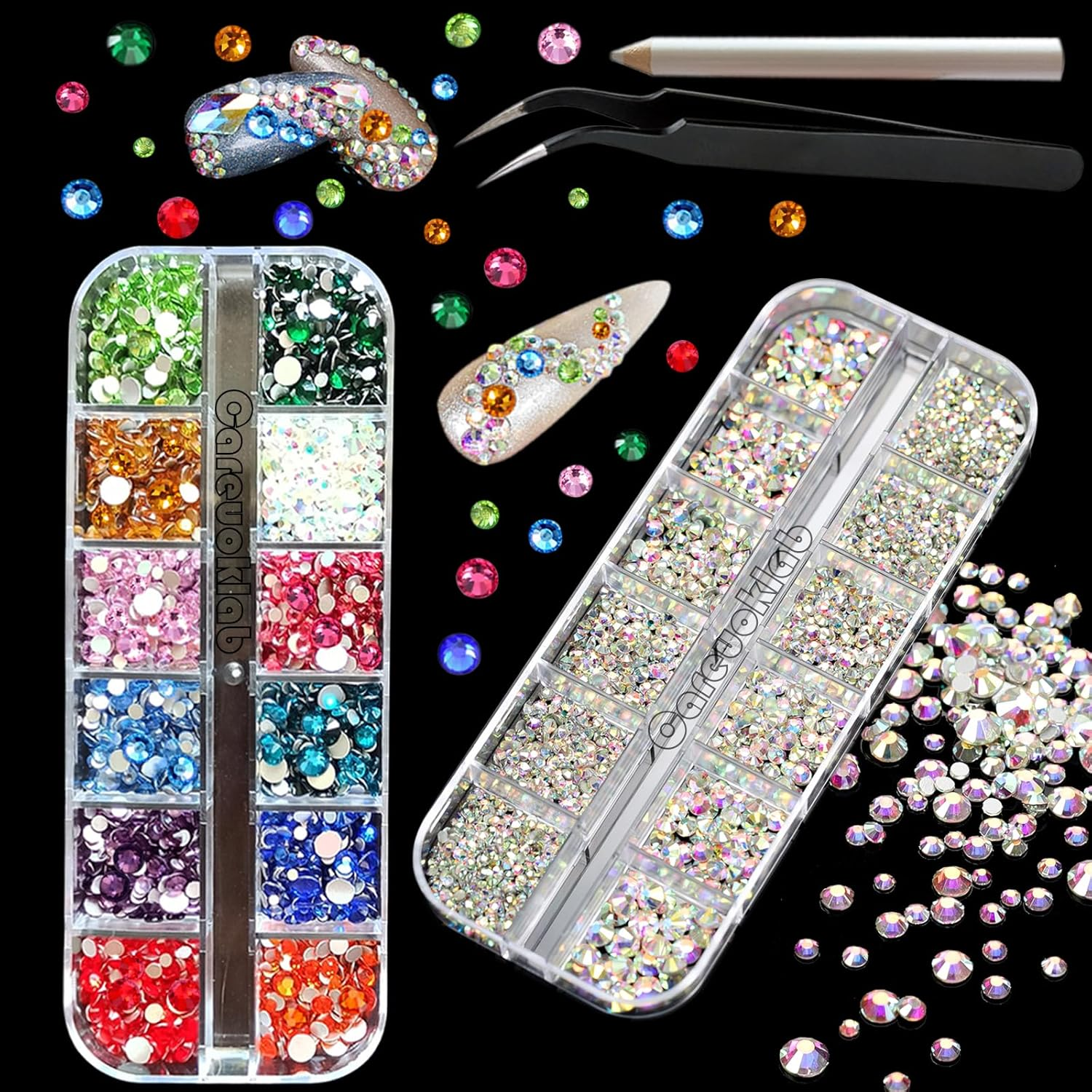 2 Boxes Colorful Glass Crystals of Flatback Rhinestones, Multi Sizes 3D Nail Art Gems Stones for Nails Crafts and DIY Decoration (Multicolor + Crystal AB)