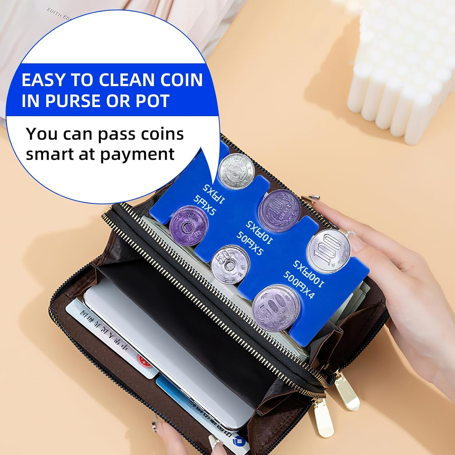 Japanese Yen Coin Holder Hard Case Organizer and Storage for Coins Rectangle JPY Coin Organiser and Dispenser, Plastic Coin Sorter Wallet (Blue) image number 6