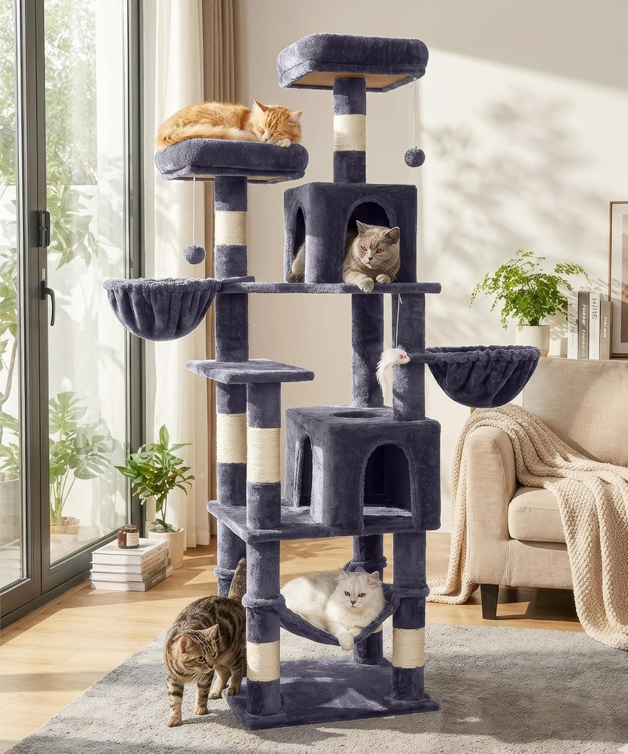 AMHANCIBLE Cat Tree, 180 Cm Tall for Indoor Adult Cats, Large Multi-Level Tower with Scratching Post, Hammock, Condos, Hanging Basket, Activity Center to Play and Sleep, Dark Grey, PT18DG