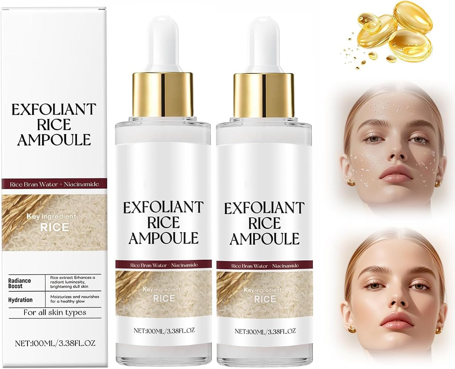 Black and White Rice Exfoliant, Rice Exfoliating Peeling Solution, Glowing Skin Smooth Texture and Pore Cleansing Facial Exfoliant, for All Skin Types,100Ml (White-2Pc)